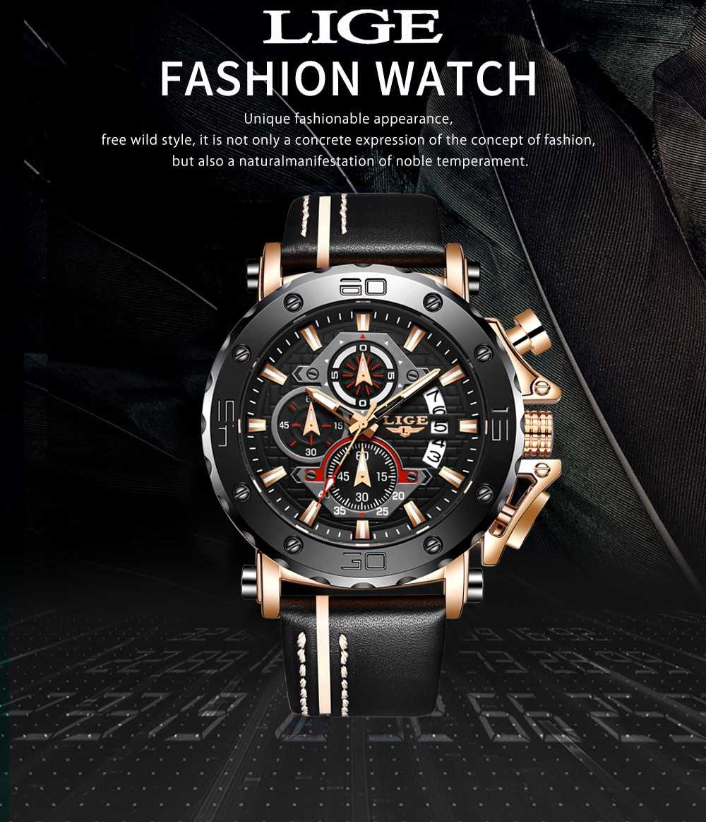 LIGE 2022 New Business Learther Mens Watches Top Brand Luxury Quartz Watch For Men Waterproof Sport Big Dial Military Wristwatch