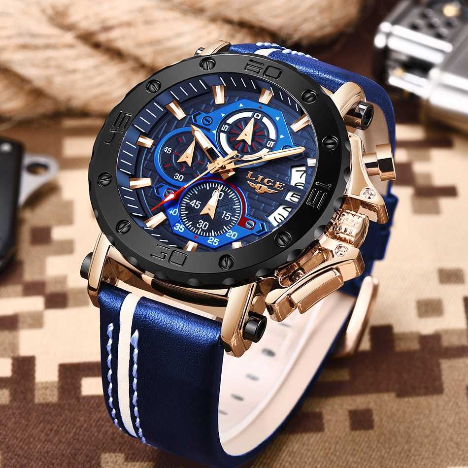 LIGE 2022 New Business Learther Mens Watches Top Brand Luxury Quartz Watch For Men Waterproof Sport Big Dial Military Wristwatch