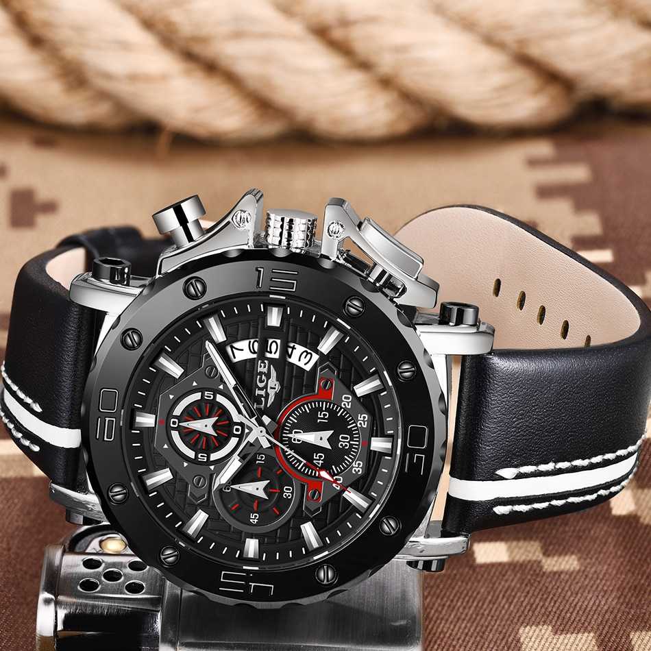 LIGE 2022 New Business Learther Mens Watches Top Brand Luxury Quartz Watch For Men Waterproof Sport Big Dial Military Wristwatch