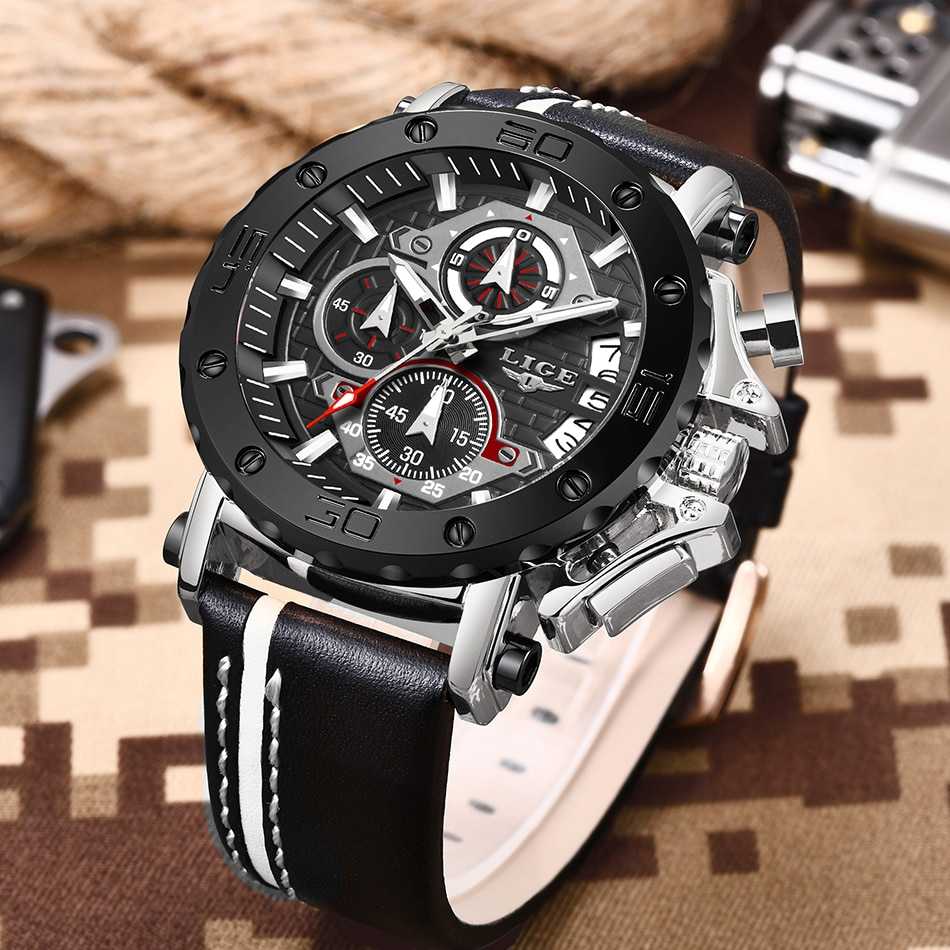 LIGE 2022 New Business Learther Mens Watches Top Brand Luxury Quartz Watch For Men Waterproof Sport Big Dial Military Wristwatch