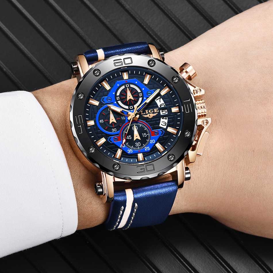 LIGE 2022 New Business Learther Mens Watches Top Brand Luxury Quartz Watch For Men Waterproof Sport Big Dial Military Wristwatch