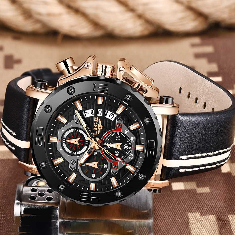 LIGE 2022 New Business Learther Mens Watches Top Brand Luxury Quartz Watch For Men Waterproof Sport Big Dial Military Wristwatch