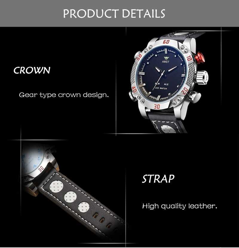 Sports Watch Men Waterproof Quartz Japan Movement Alloy Round Big Dial Leather Strap Man Watches LED Dual Display Clock AMST3016