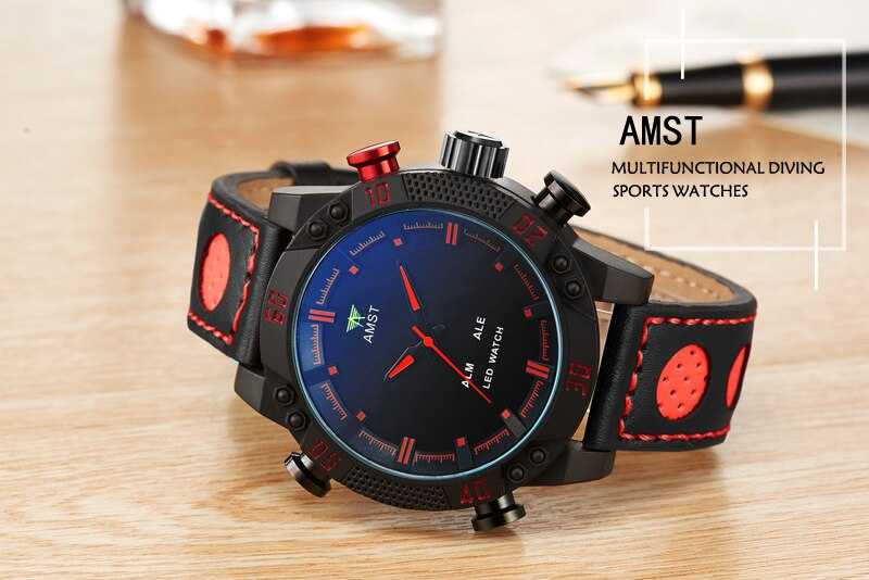 Sports Watch Men Waterproof Quartz Japan Movement Alloy Round Big Dial Leather Strap Man Watches LED Dual Display Clock AMST3016