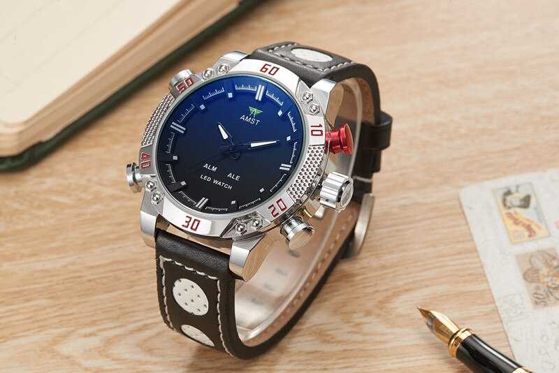 Sports Watch Men Waterproof Quartz Japan Movement Alloy Round Big Dial Leather Strap Man Watches LED Dual Display Clock AMST3016