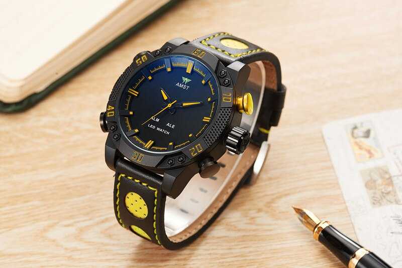 Sports Watch Men Waterproof Quartz Japan Movement Alloy Round Big Dial Leather Strap Man Watches LED Dual Display Clock AMST3016