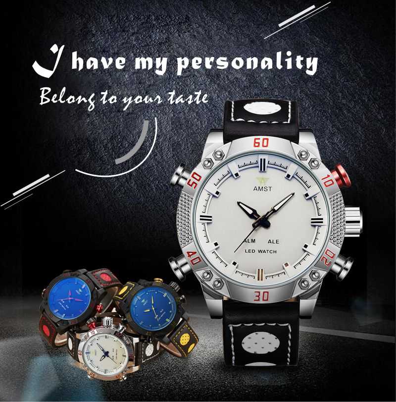 Sports Watch Men Waterproof Quartz Japan Movement Alloy Round Big Dial Leather Strap Man Watches LED Dual Display Clock AMST3016