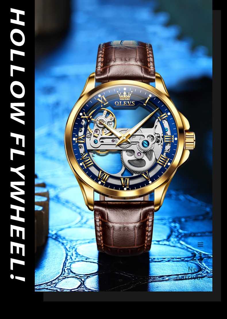 OLEVS Fashion Luxury Top Brand Automatic Mechanical Watch 30M Waterproof Watch Leather Skeleton Dial Men WatchRelogio Masculino