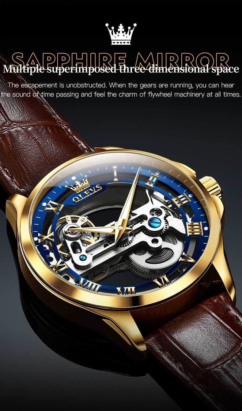 OLEVS Fashion Luxury Top Brand Automatic Mechanical Watch 30M Waterproof Watch Leather Skeleton Dial Men WatchRelogio Masculino