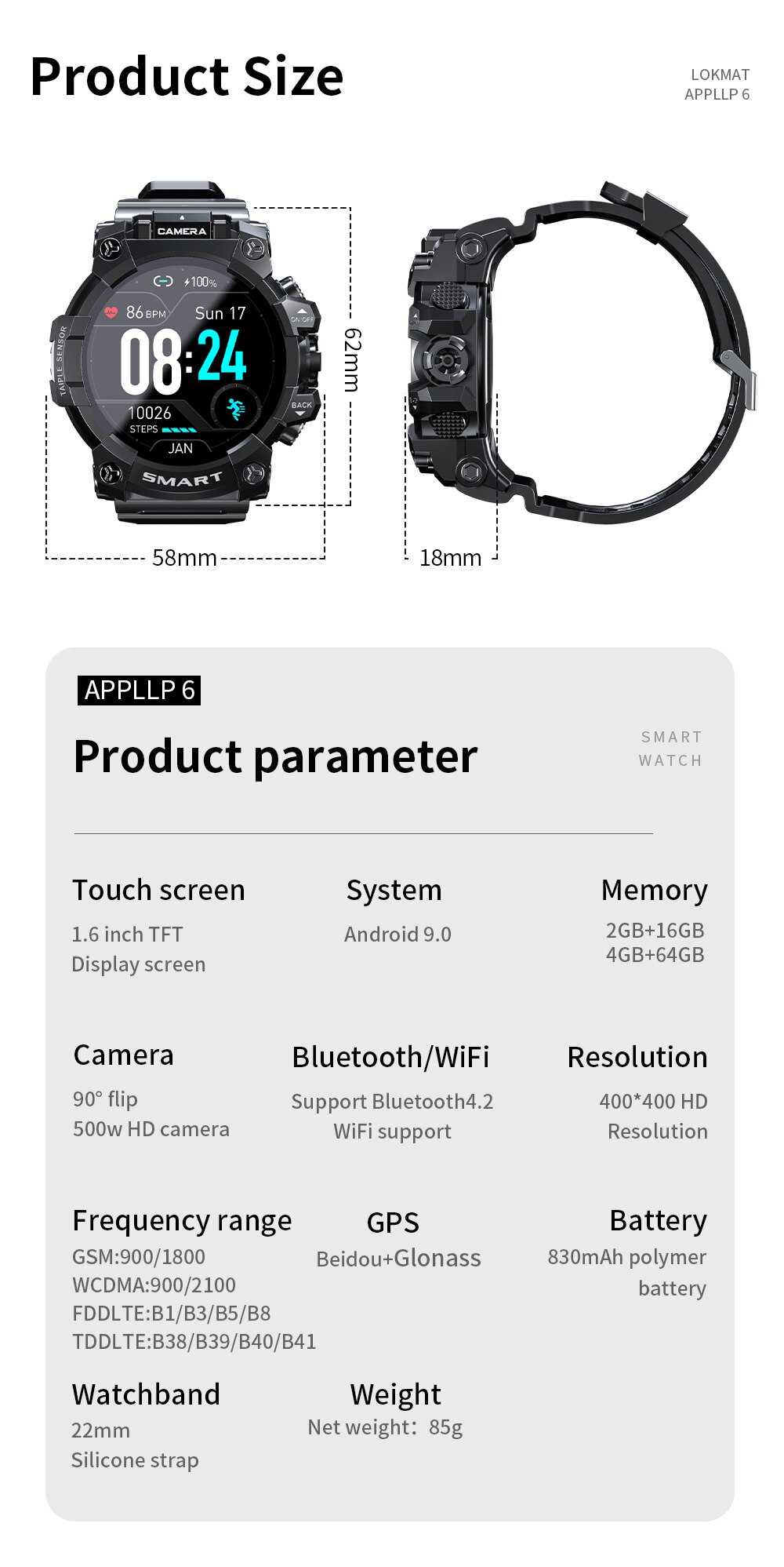 LOKMAT APPLLP 6 Smart Watch 4G Wifi 1.6“ Touch Screen Sports Smartwatches GPS with Video Phonecall Heart Rate Monitor Android 9