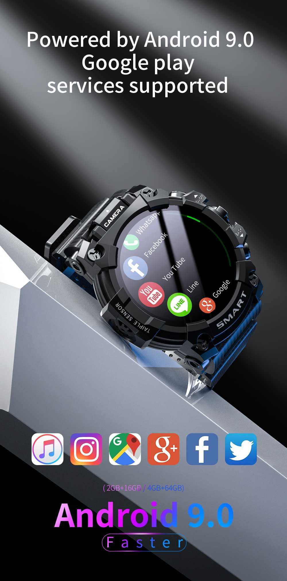 LOKMAT APPLLP 6 Smart Watch 4G Wifi 1.6“ Touch Screen Sports Smartwatches GPS with Video Phonecall Heart Rate Monitor Android 9