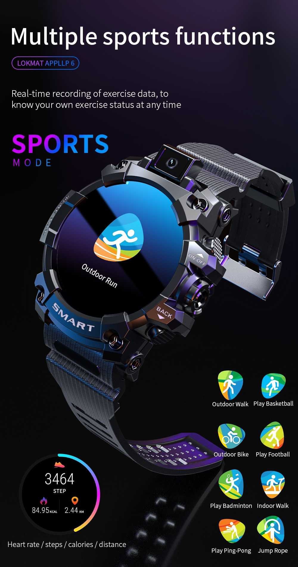 LOKMAT APPLLP 6 Smart Watch 4G Wifi 1.6“ Touch Screen Sports Smartwatches GPS with Video Phonecall Heart Rate Monitor Android 9