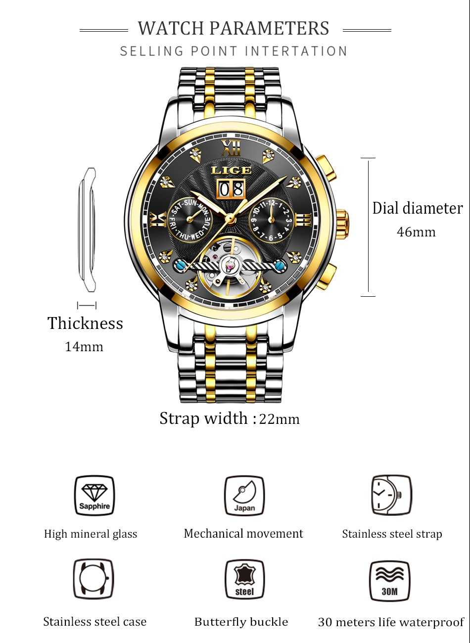 Relogio Masculino LIGE 2022 Men's Self-Wind Tourbillon Mechanical Watches Water Resistant Automatic Skeleton Watch Men Relojes