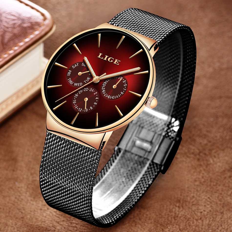 LIGE New Fashion Mens Watches Top Brand Luxury Quartz Watch Men Mesh Steel Waterproof Ultra-thin Wristwatch For Men Sport Clock