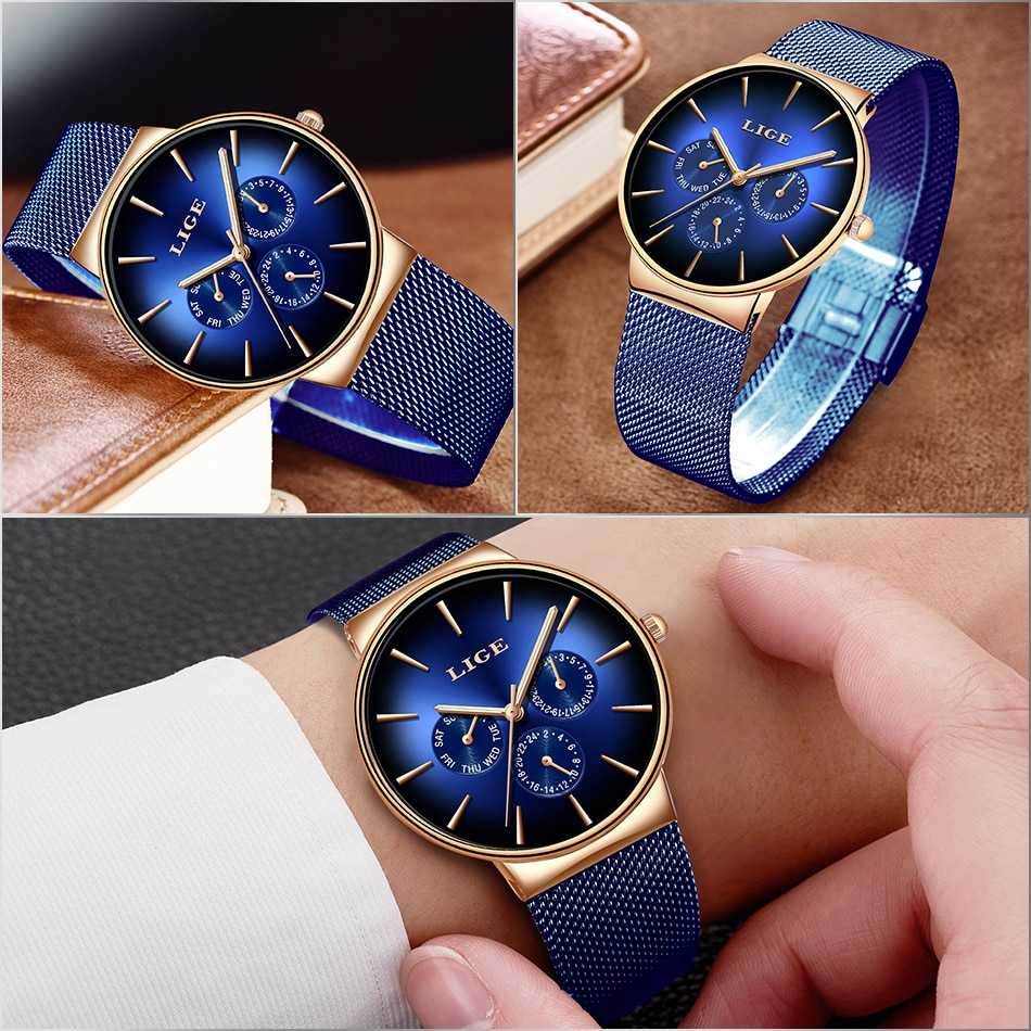 LIGE New Fashion Mens Watches Top Brand Luxury Quartz Watch Men Mesh Steel Waterproof Ultra-thin Wristwatch For Men Sport Clock