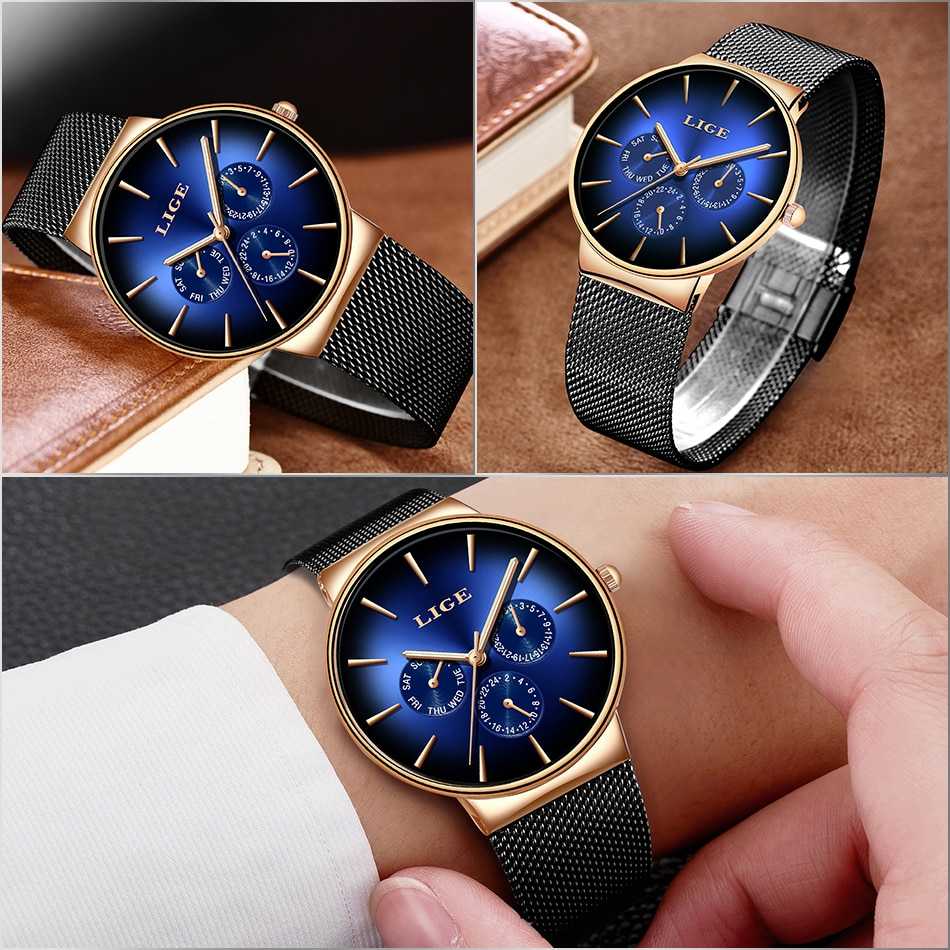 LIGE New Fashion Mens Watches Top Brand Luxury Quartz Watch Men Mesh Steel Waterproof Ultra-thin Wristwatch For Men Sport Clock