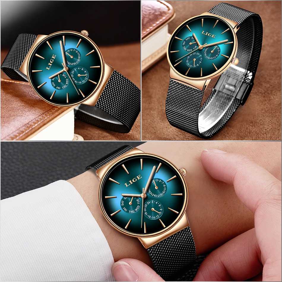 LIGE New Fashion Mens Watches Top Brand Luxury Quartz Watch Men Mesh Steel Waterproof Ultra-thin Wristwatch For Men Sport Clock