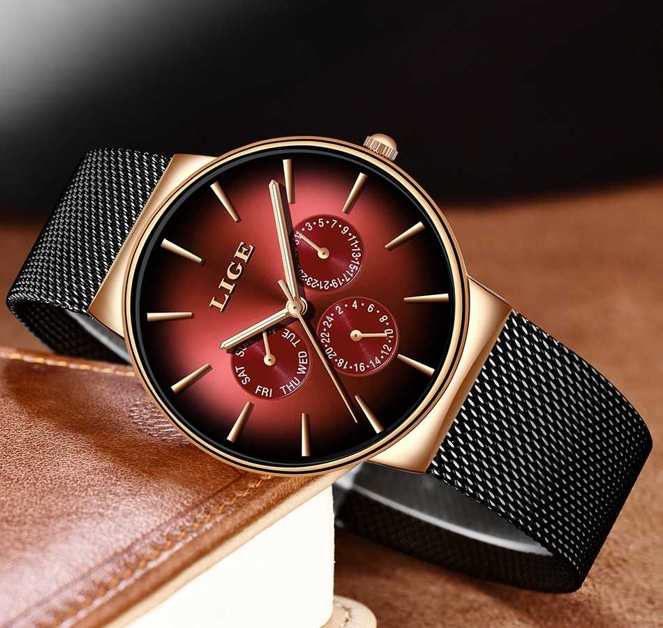 LIGE New Fashion Mens Watches Top Brand Luxury Quartz Watch Men Mesh Steel Waterproof Ultra-thin Wristwatch For Men Sport Clock