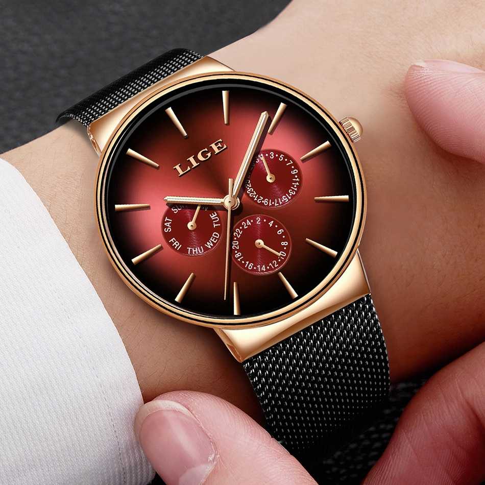 LIGE New Fashion Mens Watches Top Brand Luxury Quartz Watch Men Mesh Steel Waterproof Ultra-thin Wristwatch For Men Sport Clock