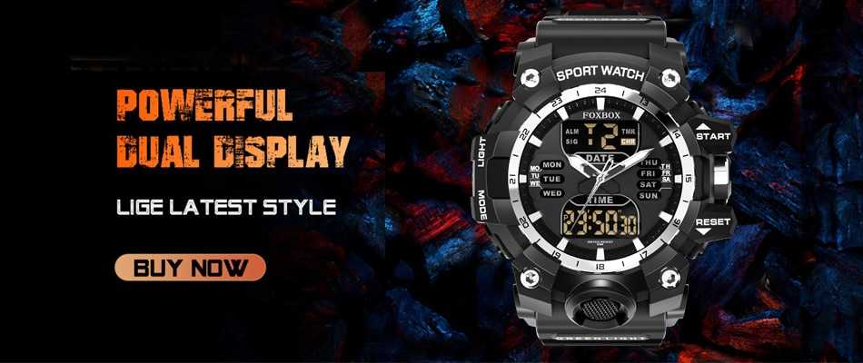 Men Watch FOXBOX 2022 Sport Digital Steel Military Quartz Wristwatch Waterproof Dual Display Watch for Men Relogio Masculino+Box