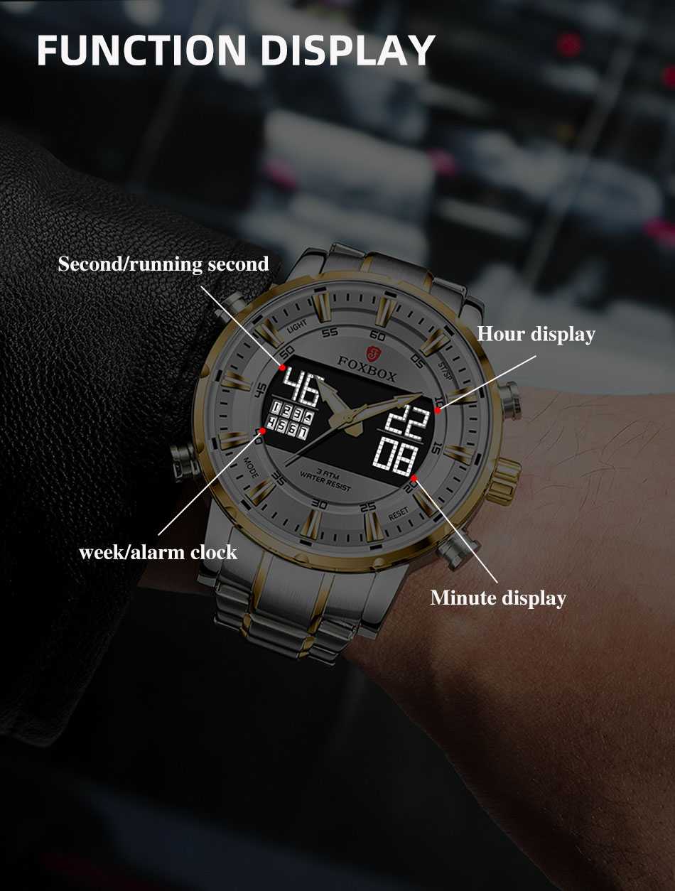 Men Watch FOXBOX 2022 Sport Digital Steel Military Quartz Wristwatch Waterproof Dual Display Watch for Men Relogio Masculino+Box