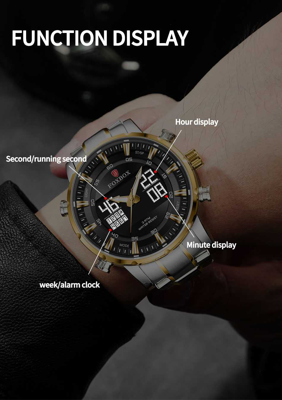 Men Watch FOXBOX 2022 Sport Digital Steel Military Quartz Wristwatch Waterproof Dual Display Watch for Men Relogio Masculino+Box