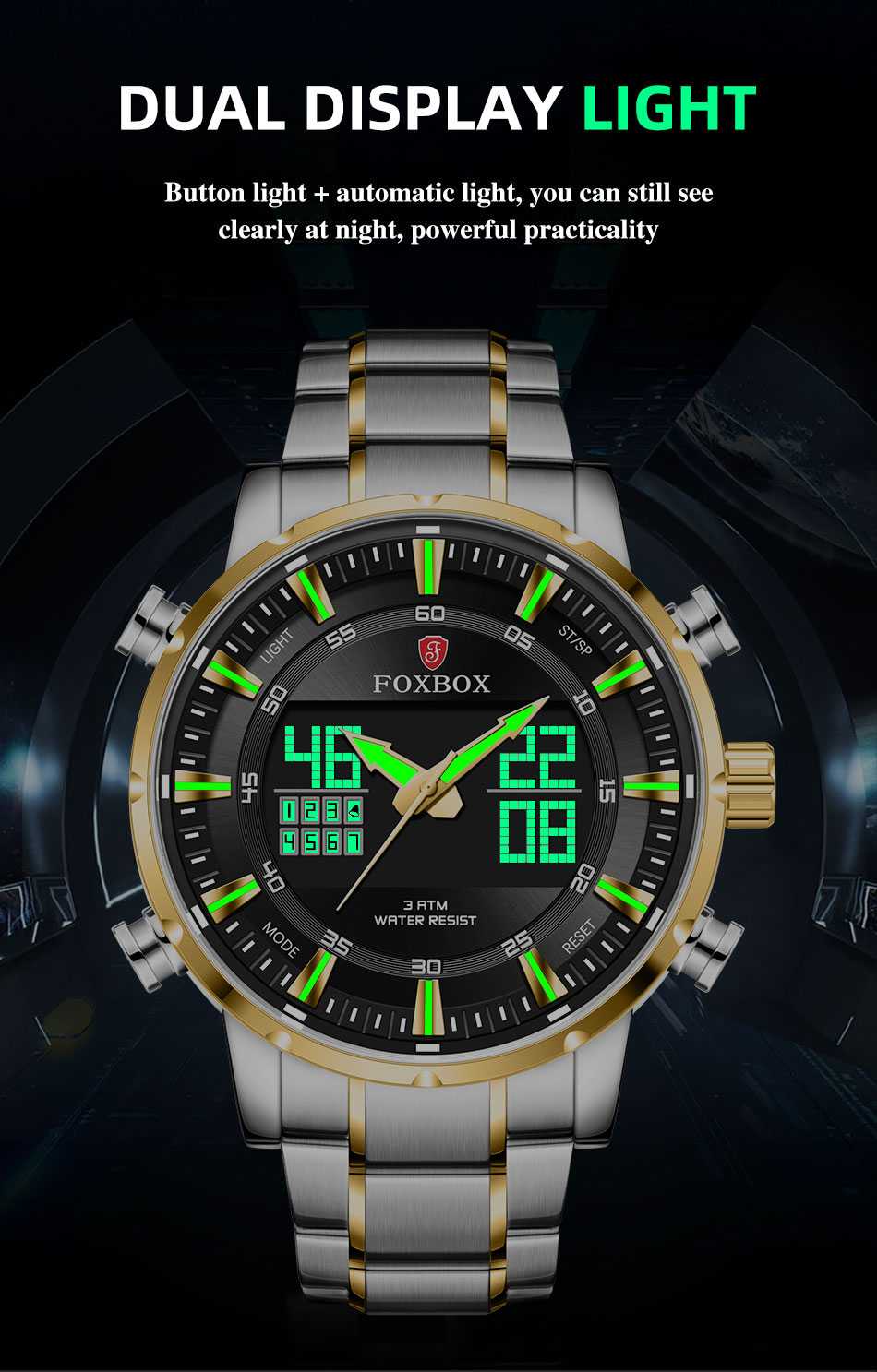 Men Watch FOXBOX 2022 Sport Digital Steel Military Quartz Wristwatch Waterproof Dual Display Watch for Men Relogio Masculino+Box