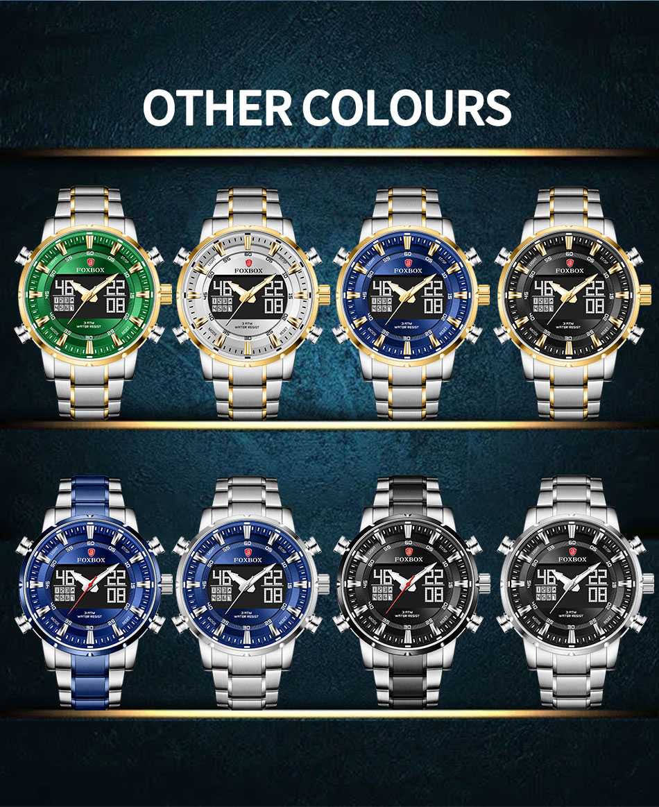 Men Watch FOXBOX 2022 Sport Digital Steel Military Quartz Wristwatch Waterproof Dual Display Watch for Men Relogio Masculino+Box