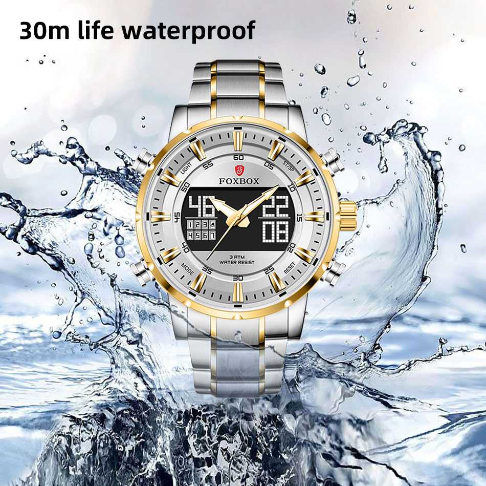 Men Watch FOXBOX 2022 Sport Digital Steel Military Quartz Wristwatch Waterproof Dual Display Watch for Men Relogio Masculino+Box