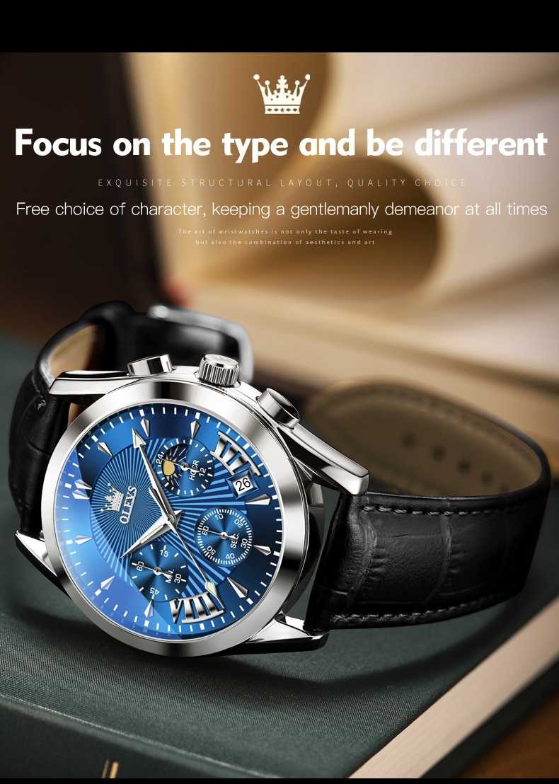 OLEVS 2876 Multifunctional Luxury Genuine Leather Strap Watches for Men Quartz Sport Waterproof Men Wristwatches Luminous