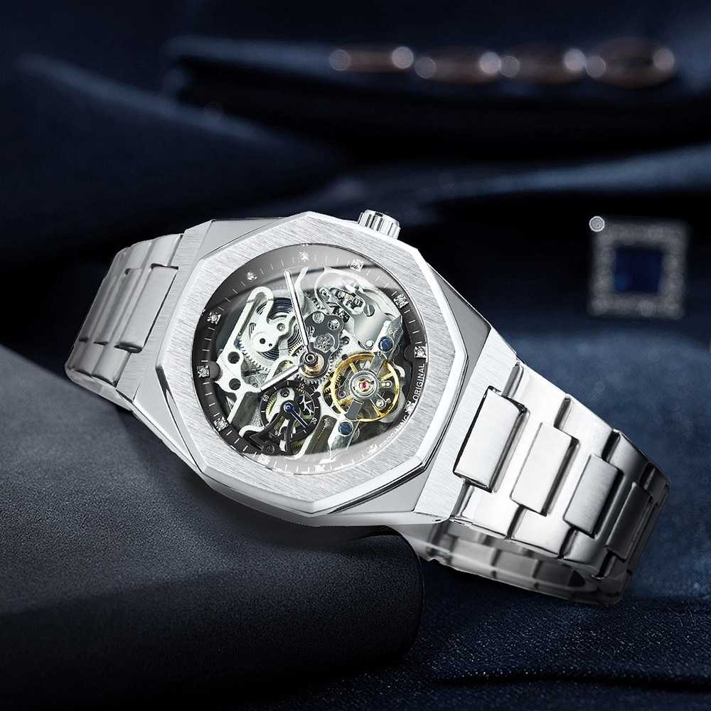 FORSINING Tourbillon Mechanical Watch for Men Automatic Steel Strap Skeleton Mens Watches Top Brand Luxury 2021 Reloj Hombre