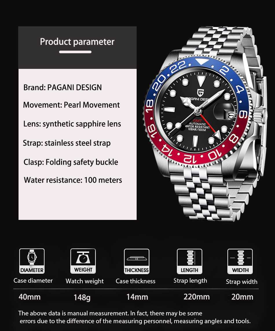 2022 New PAGANI DESIGN Luxury Men GMT Automatic Machinery Watch 40MM Ceramic Bezel Jubilee Strap Sapphire 100M Waterproof Clock