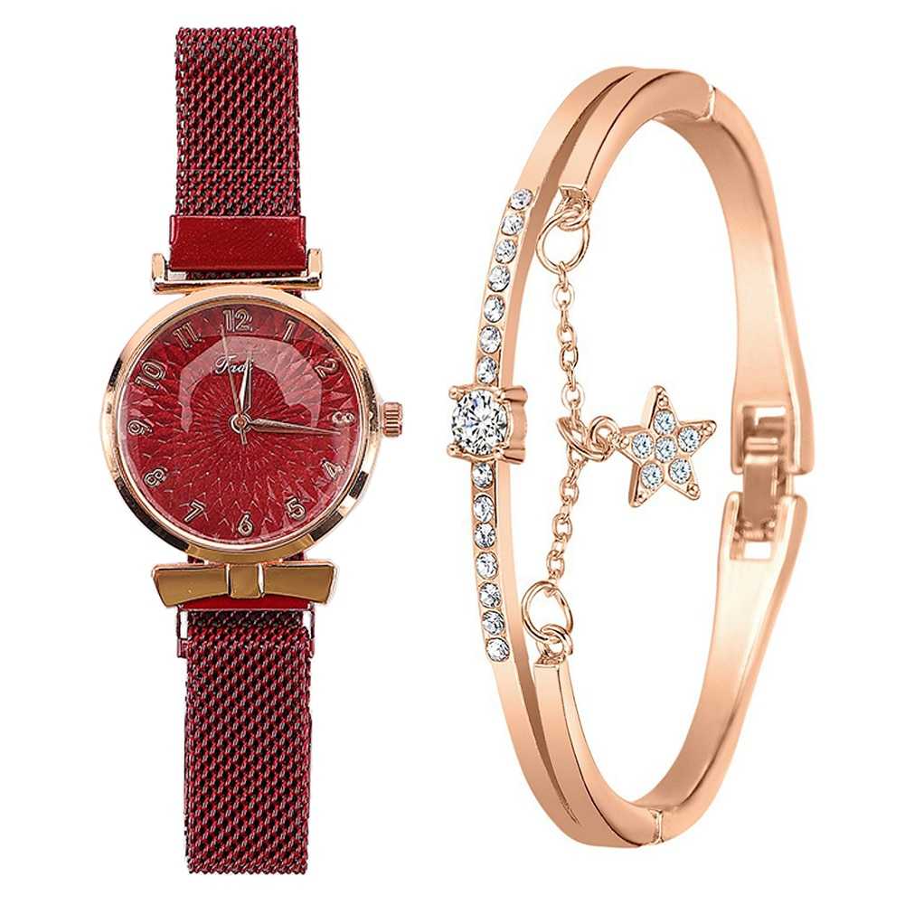 Fashion Women Watches Luxury Magnet Buckle Flower Rhinestone Watch Ladies Quartz Wrist Watch Bracelet Set Reloj Mujer