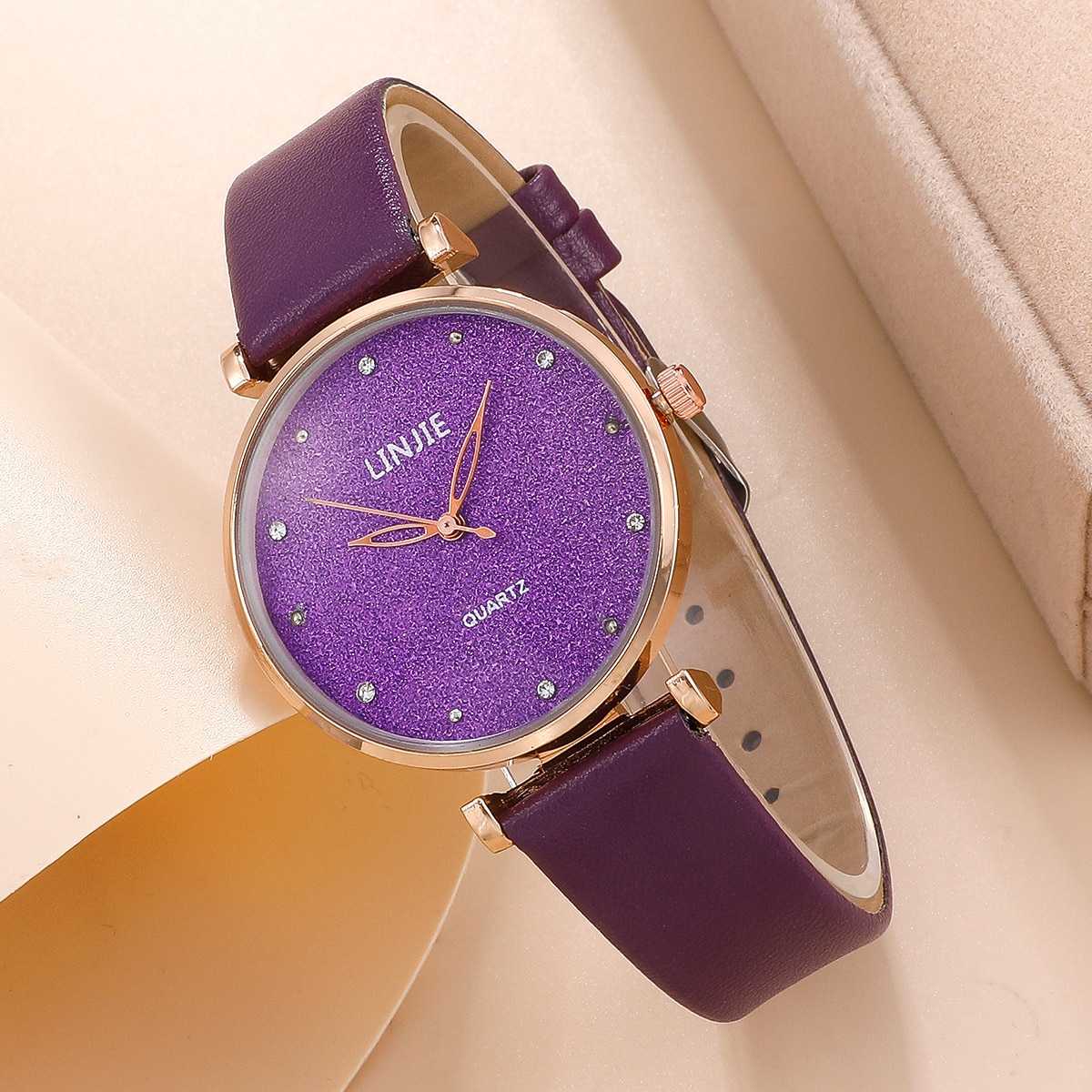 2 Piece Ladies Watch Set Fashion Starry Dial Bracelet Women's Leather Strap Quartz Girl's WristWatch