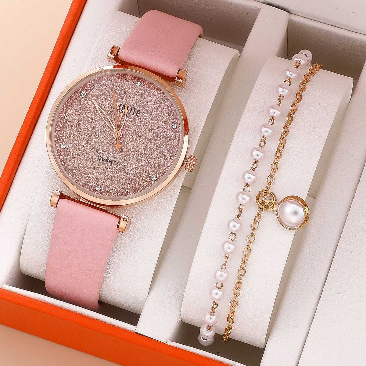 2 Piece Ladies Watch Set Fashion Starry Dial Bracelet Women's Leather Strap Quartz Girl's WristWatch