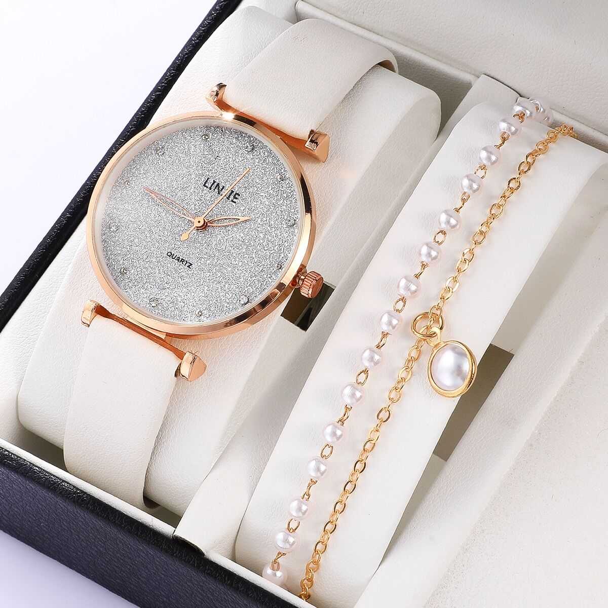 2 Piece Ladies Watch Set Fashion Starry Dial Bracelet Women's Leather Strap Quartz Girl's WristWatch