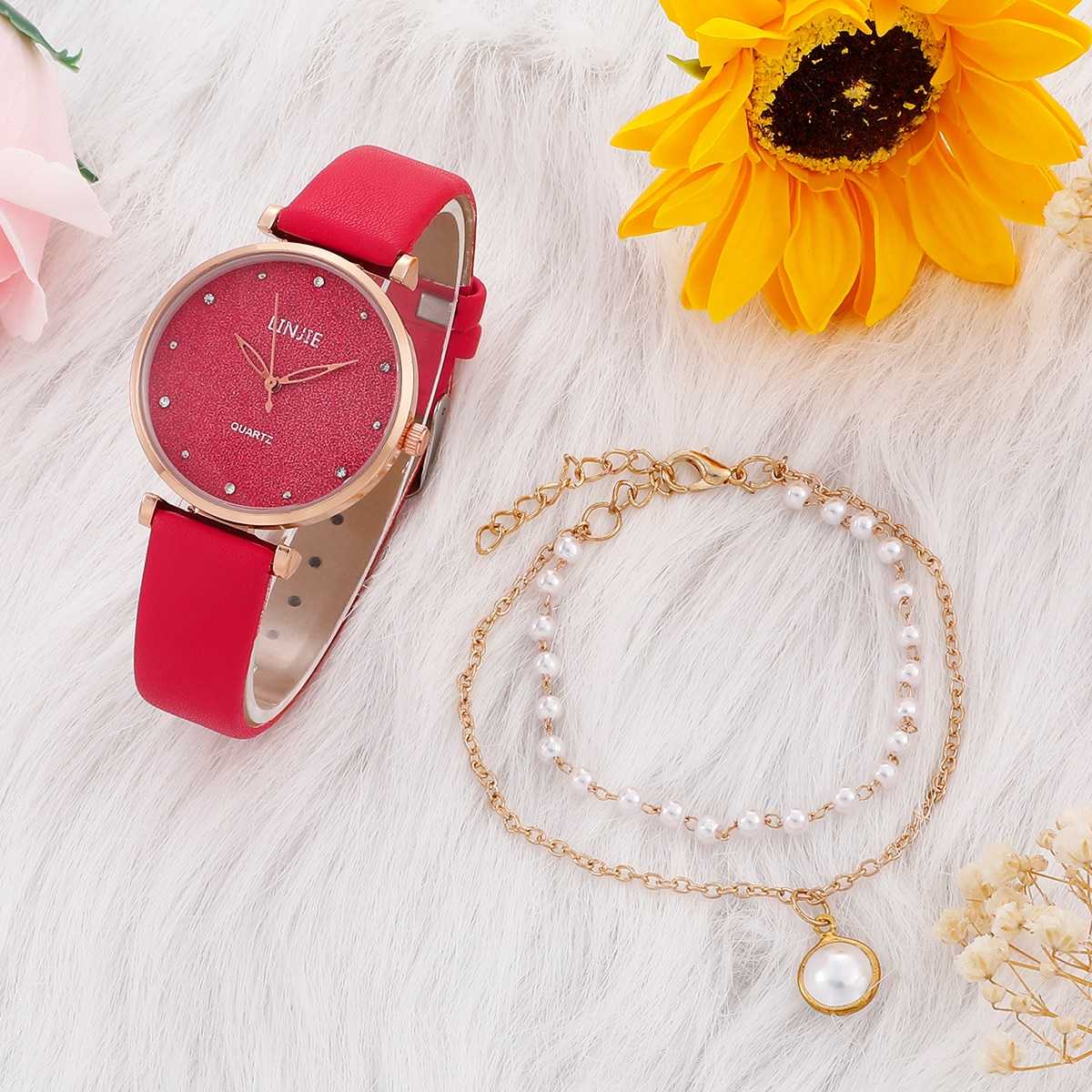 2 Piece Ladies Watch Set Fashion Starry Dial Bracelet Women's Leather Strap Quartz Girl's WristWatch