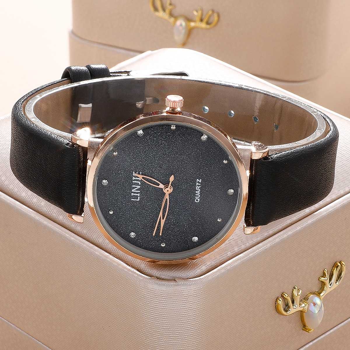 2 Piece Ladies Watch Set Fashion Starry Dial Bracelet Women's Leather Strap Quartz Girl's WristWatch