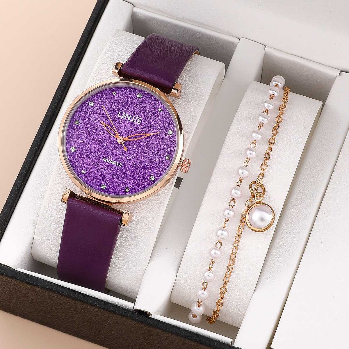 2 Piece Ladies Watch Set Fashion Starry Dial Bracelet Women's Leather Strap Quartz Girl's WristWatch