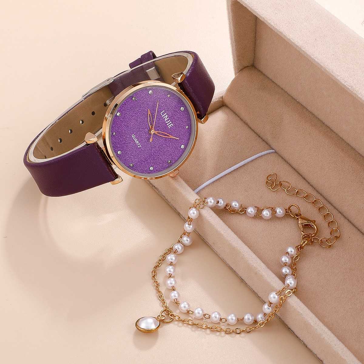 2 Piece Ladies Watch Set Fashion Starry Dial Bracelet Women's Leather Strap Quartz Girl's WristWatch