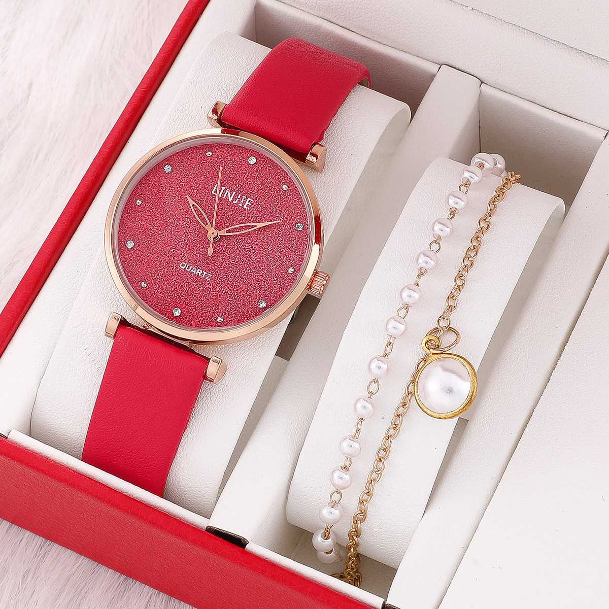 2 Piece Ladies Watch Set Fashion Starry Dial Bracelet Women's Leather Strap Quartz Girl's WristWatch