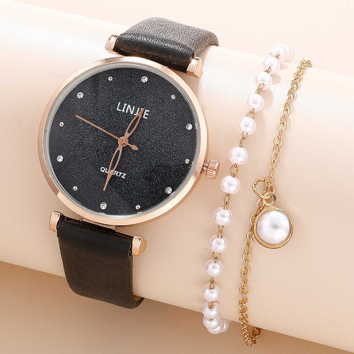 2 Piece Ladies Watch Set Fashion Starry Dial Bracelet Women's Leather Strap Quartz Girl's WristWatch