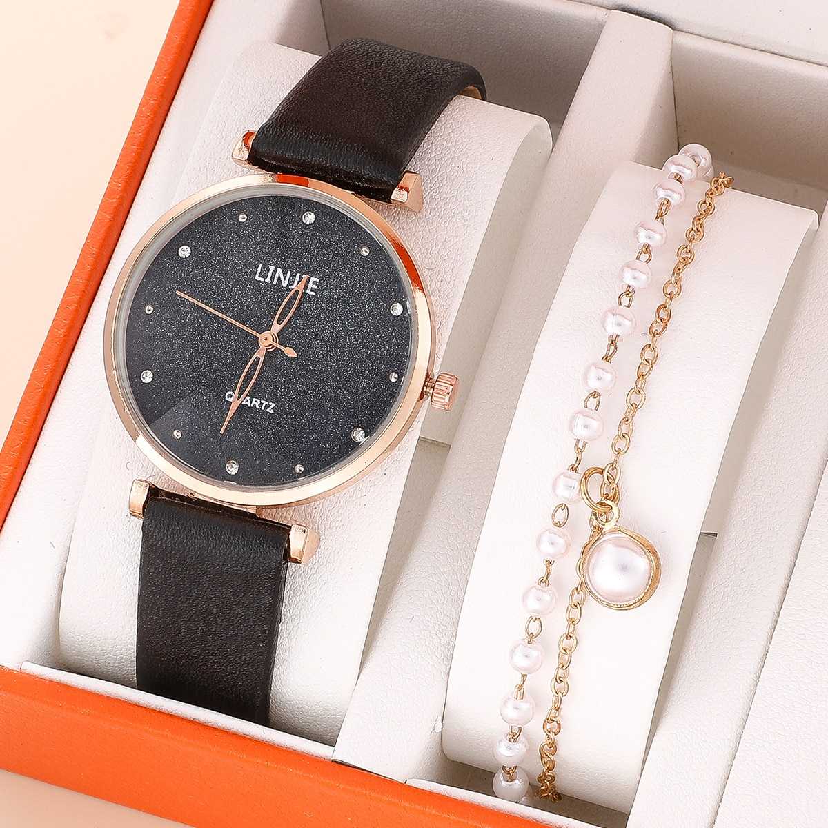 2 Piece Ladies Watch Set Fashion Starry Dial Bracelet Women's Leather Strap Quartz Girl's WristWatch