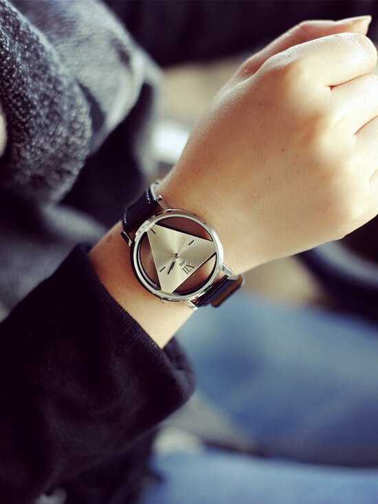 Fashion hollow triangle women quartz watches simple novelty and individualism creative wrist watch black white leather clock