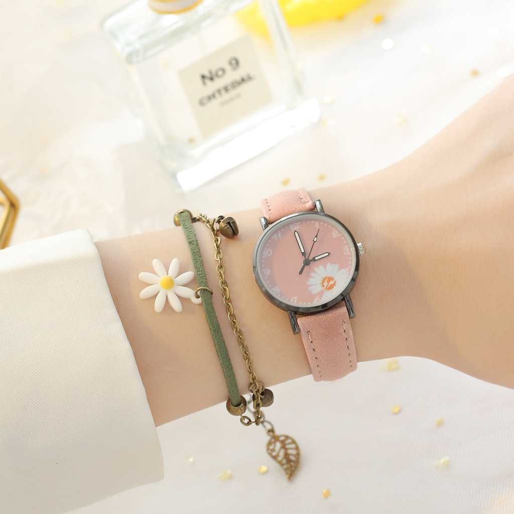 Hot Sales Dress Woman's Watch Daisy Flowers Cute Ladies Wristwatch Bracelet Set Casual Matte Leather Female Watches reloj mujer