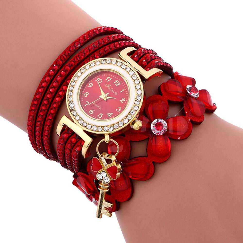 Brand Fashion Women Flower Crystal Clock Quartz Watch Casual Luxury Leather Rhinestone Bracelet Watch Relogio Feminino