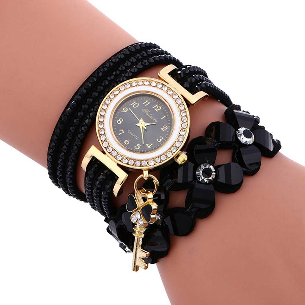 Brand Fashion Women Flower Crystal Clock Quartz Watch Casual Luxury Leather Rhinestone Bracelet Watch Relogio Feminino