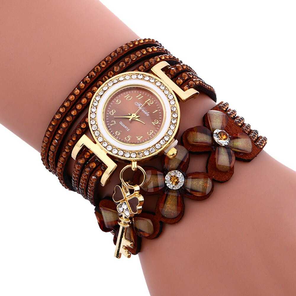 Brand Fashion Women Flower Crystal Clock Quartz Watch Casual Luxury Leather Rhinestone Bracelet Watch Relogio Feminino