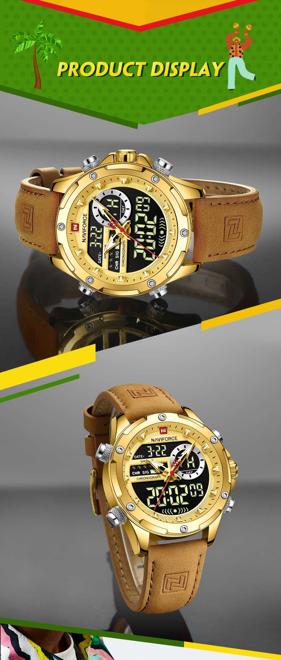 NAVIFORCE Luxury Gold Watches For Men Casual Sports Chronograph Alarm Quartz Wrist Watch Leather Waterproof Digital Clock 9163