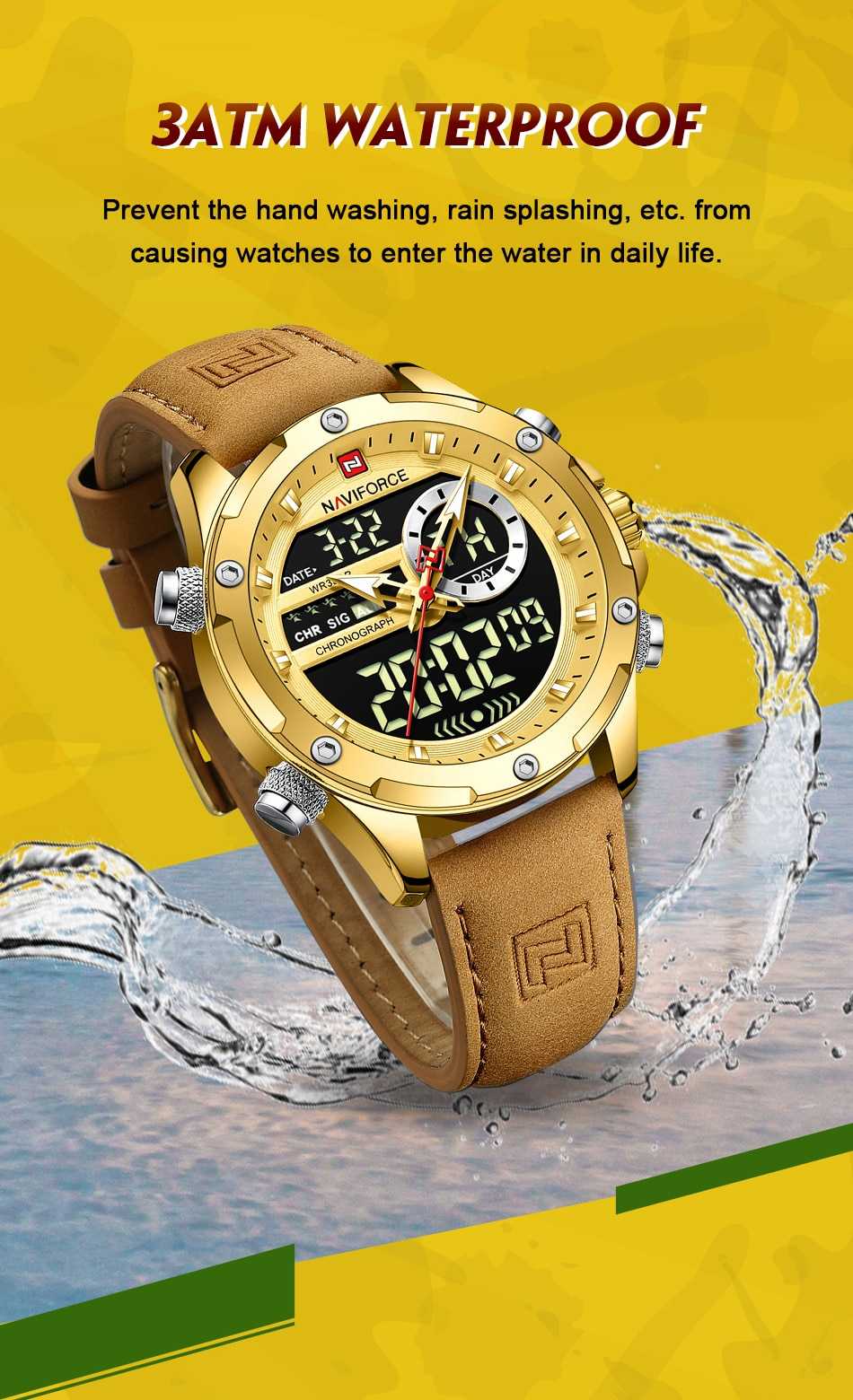 NAVIFORCE Luxury Gold Watches For Men Casual Sports Chronograph Alarm Quartz Wrist Watch Leather Waterproof Digital Clock 9163